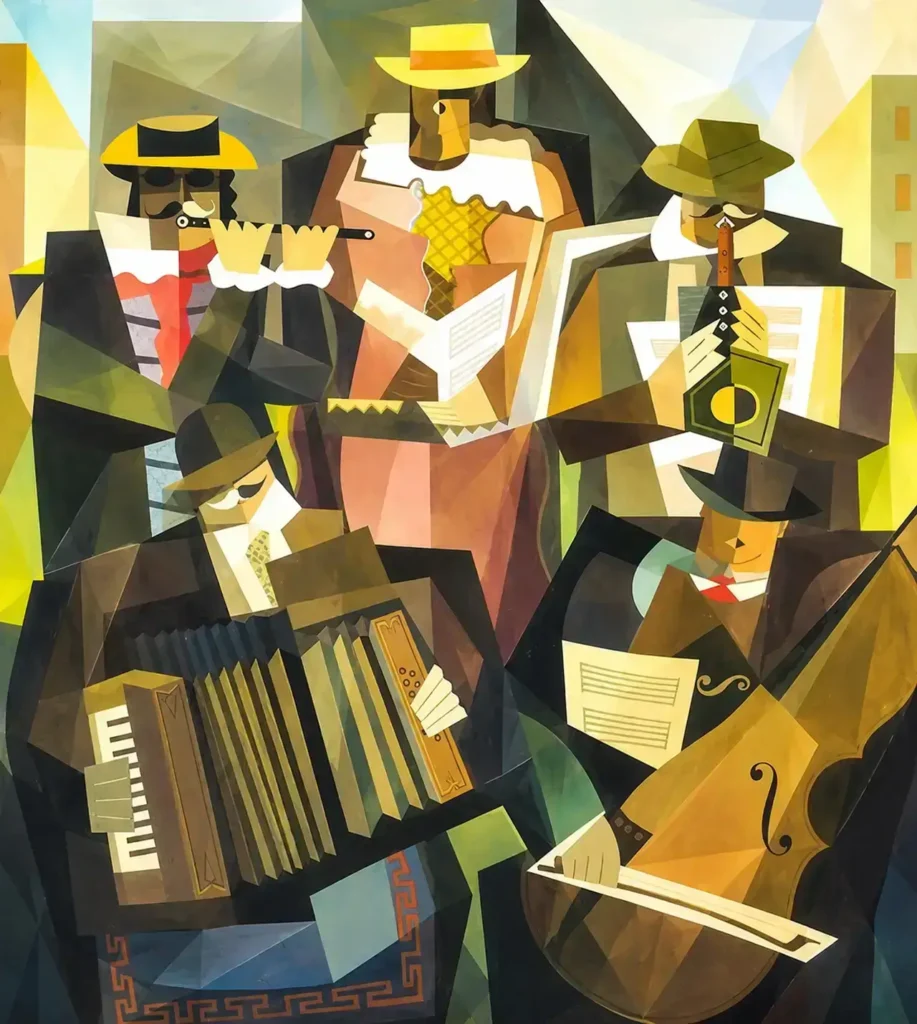 "El Quinteto" de Emilio Petorutti con músicos geométricos y estilo cubista argentino