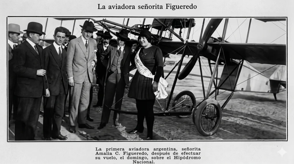 Amalia Figueredo en la foto original, solo por un vuelo de Lugones al Hipódromo de la Ciudad, a su edad, y en aquellos tiempos, se la reconocía como un logro. Esta es la foto original, la deportada la coloreó FX 5G para mejorar su apreciación.