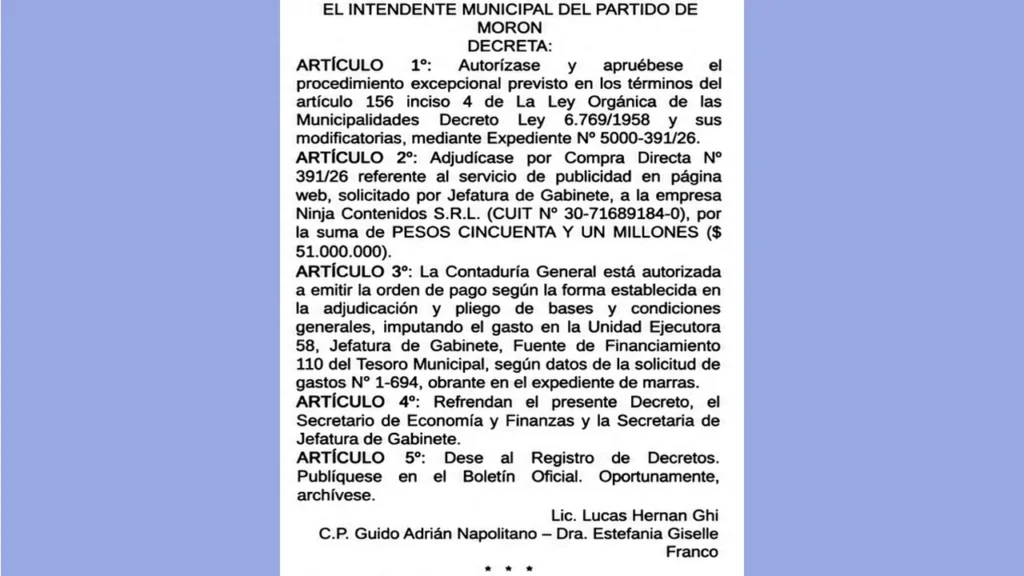 Morón y los Ninja y el texto del Decreto en el original