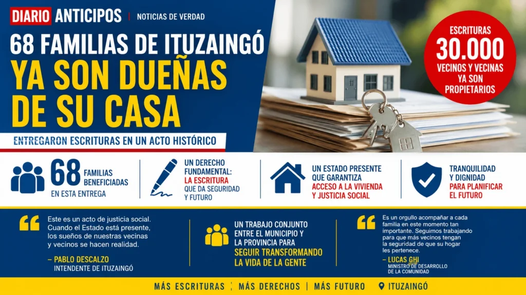 68 familias de Ituzaingó: Para las autoridades locales, las 68 familias de Ituzaingó representa la síntesis del esfuerzo y el trabajo coordinado entre el municipio y la provincia
