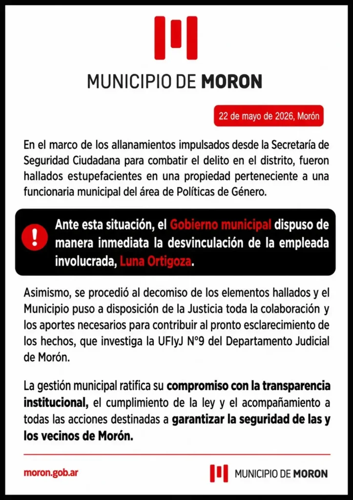 Comunicado de prensa oficial emitido por la Secretaria de Comunicación del Municipio de Morón