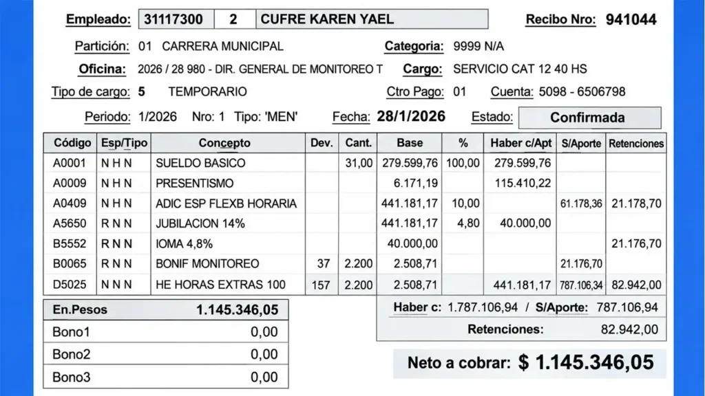 Cufré llegó a ganar más que un trabajador con diez años de antigüedad gracias a las horas extras que le otorgaban. Esas horas extras las utilizaba para hacer  la logisla a la banda criminal. Esto es lo que pagamos con al Tasa de Servicios Generales.