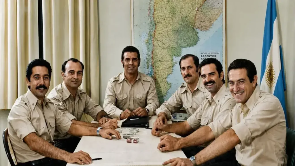 La Conducción de Montoneros con Mario Firmenich al fondo sonriendo. 
Roberto Perdía, segundo en la estructura de conducción;  Raúl Yäger y Horacio Mendizábal, jefe del Ejército Montonero.