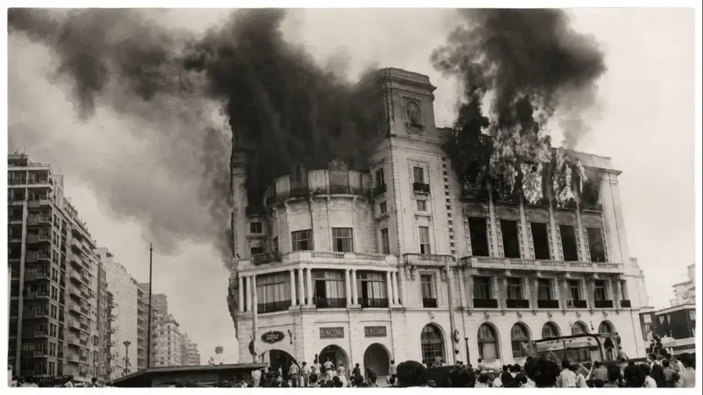 La única imagen original que existe del incendio del Club Mar del Plata. Fue tomada en blanco y negro ya que en la época no había fotos en color. La de la portada fue tratada para mostrar mejor el alcance del incendio que destruyó el edificio.