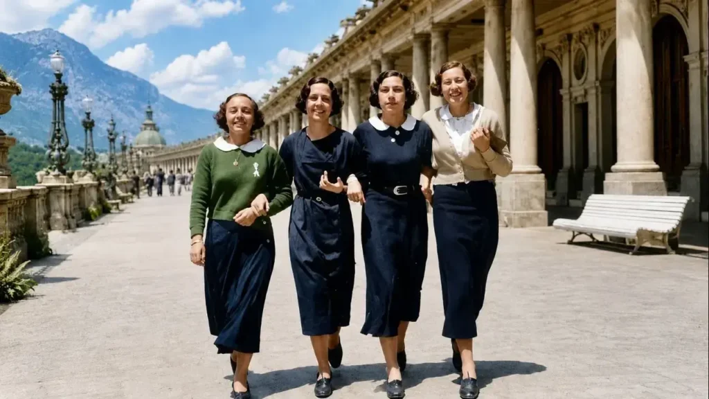 La mismo foto con las cuatro mujeres jóvenes paseando por la Rambla de la Playa Bristol en color para observar mejor los detalles
