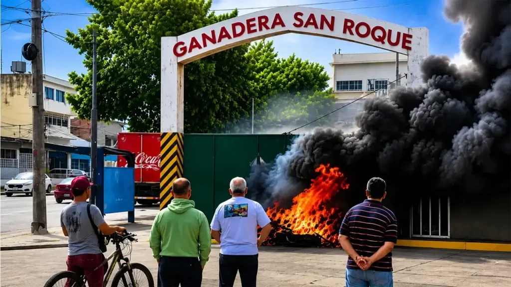 Ganadera San Roque antes de la apertura. Protestas en la puerta y silencio entre los empresarios.