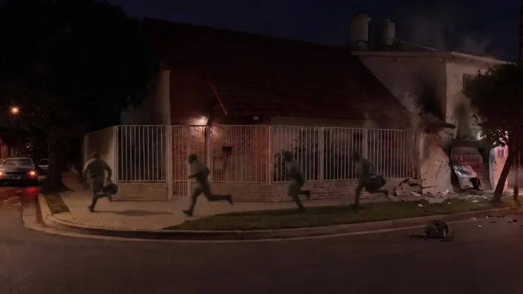 La imagen es una recreación ficticia del atentado a la vivienda del entonces General Reynaldo Bignone. Toda la familia, su esposa y tres hijos, salieron ilesos.