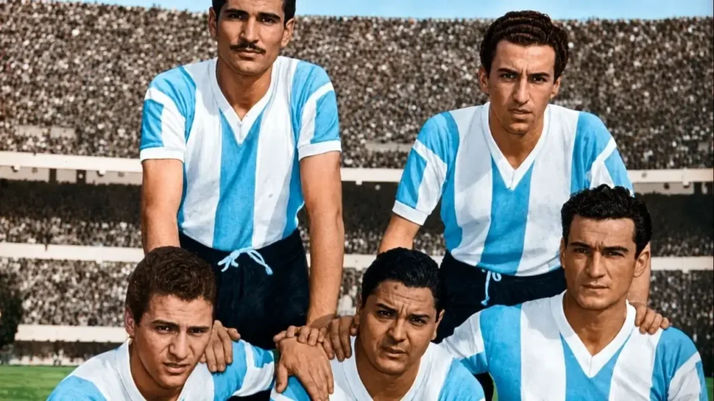 El primero, de parado, mirando el monitor a la derecha, es Rodolfo Michelli, autor del tercer gol contra Inglaterra en 1953 en el estadio de River Plate