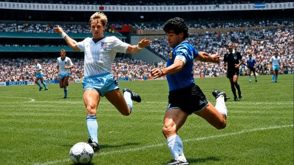 Esta es una de las fotografías deportivas más famosas de la historia del fútbol. Muestra a Diego Armando Maradona durante el partido entre Argentina e Inglaterra, correspondiente a los cuartos de final del Mundial de México 1986, disputado el 22 de junio de 1986 en el Estadio Azteca de Ciudad de México.