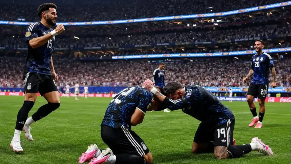 Lionel Messi y Nicolás Otamendi se arrodillan y se abrazan en un conmovedor festejo tras el pitazo final. Nicolás González se suma a la celebración mientras Alexis Mac Allister sonríe a la distancia, en otra de las postales de la histórica clasificación de la Selección Argentina a la final del Mundial 2026 tras vencer 2-1 a Inglaterra.