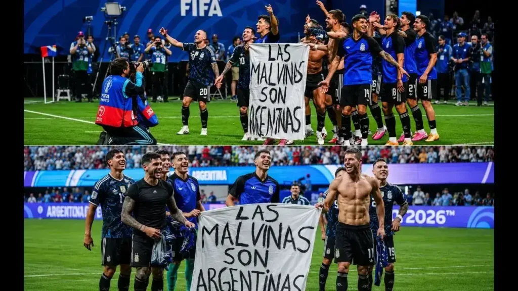 Alexis Mac Allister, Lionel Messi, Exequiel Palacios, Lisandro Martínez, Nahuel Molina, Nico Paz, Giovani Lo Celso, Nicolás Otamendi y Giuliano Simeone celebran con la bandera "Las Malvinas son Argentinas" tras la histórica victoria 2-1 sobre Inglaterra. El festejo por la clasificación a la final del Mundial 2026 quedó acompañado por un mensaje de fuerte significado para todos los argentinos.