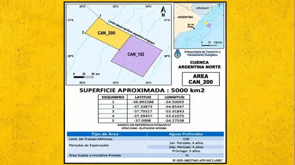 El área de exploración esta a 350 kilómetros de la Costa Atlántica a la altura de Mar del Plata