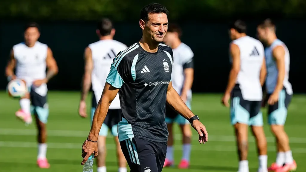 Conánimo Scaloni lleva adelante un entrenamiento liviano sobre césped con la Selección Argentina