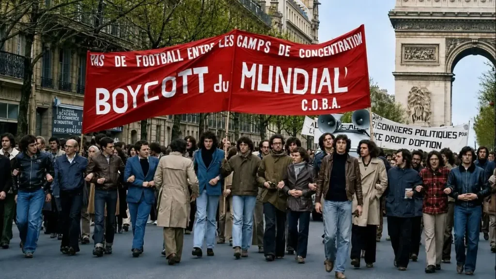 "No al fútbol entre los campos de concentración".
"Boicot al Mundial". COBA. Reza la pancarta que marcha por las calles de París.