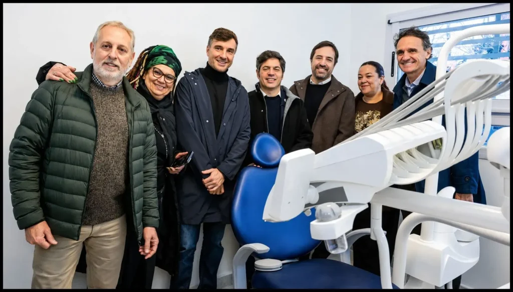 Todos los funcionarios, junto al intendente Lucas Ghi y el Gobernador Axel Kicillof, posando al lado de un sillón de dentista