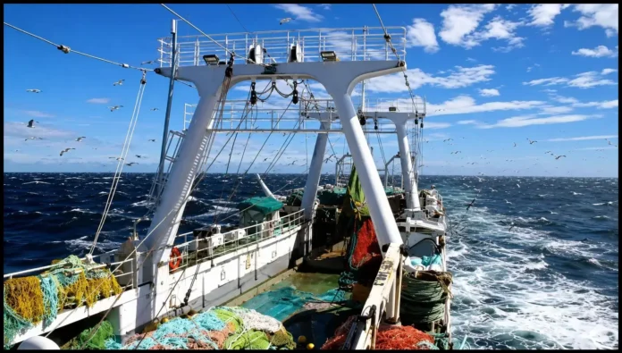 Un buque pesquero opera en aguas del Atlántico Sur, donde la pesca de calamar, merluza y otras especies representa el principal recurso económico vinculado al área de las Islas Malvinas y una de las mayores fuentes de ingresos de la administración del archipiélago.