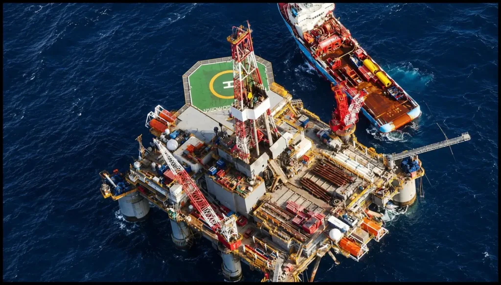 Plataforma de perforación offshore en el Atlántico Sur. La posible existencia de importantes reservas de petróleo y gas en la plataforma continental que rodea las Islas Malvinas convierte a los hidrocarburos en uno de los recursos estratégicos más disputados de la región.