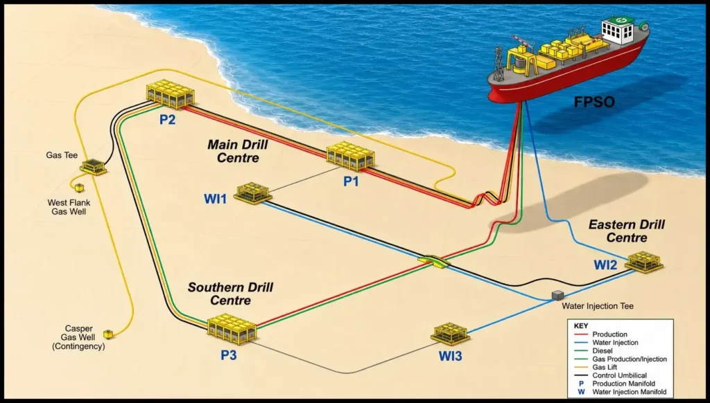Esquema del desarrollo de un yacimiento petrolero offshore, donde varios pozos submarinos transportan petróleo y gas mediante ductos hasta un buque FPSO (Floating Production, Storage and Offloading), encargado de producir, almacenar y transferir los hidrocarburos para su exportación. Este sistema es uno de los modelos previstos para proyectos de explotación en el Atlántico Sur.