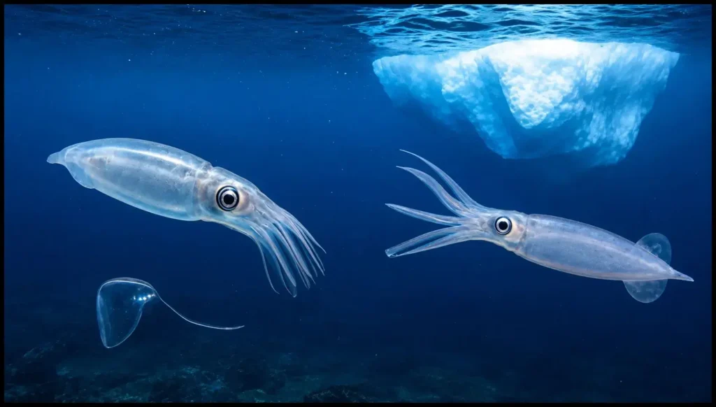 Existen enormes poblaciones de kril antártico, una pequeña especie de crustáceo que constituye la base de toda la cadena alimentaria del océano Austral.