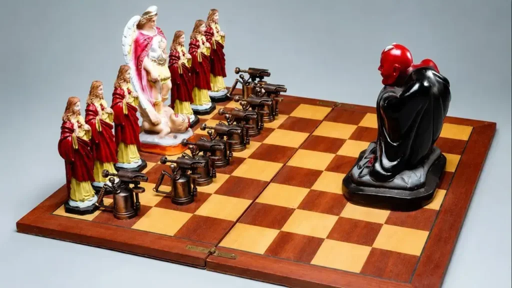 Una obra de León Ferrari convierte un tablero de ajedrez en una escena de confrontación simbólica, donde figuras religiosas, un ángel, piezas militares y una figura demoníaca cuestionan las relaciones entre fe, guerra y poder.