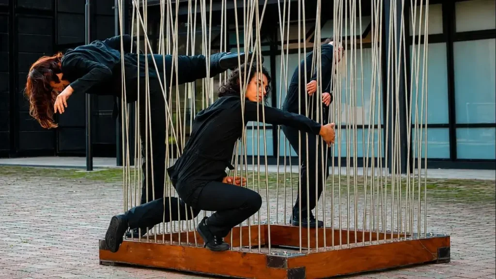 Integrantes de una compañía de danza contemporánea desafían la gravedad con una intervención artística dentro de una estructura metálica, en una performance que combina movimiento, equilibrio y expresión corporal al aire libre.