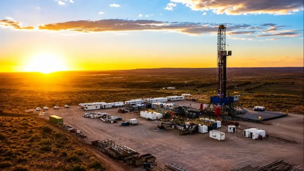 Equipo de perforación en plena operación en Vaca Muerta, la formación de hidrocarburos no convencionales ubicada en la cuenca neuquina. La actividad en estos pozos impulsa la producción de petróleo y gas, consolidando a la Argentina como uno de los principales productores de shale de la región.
