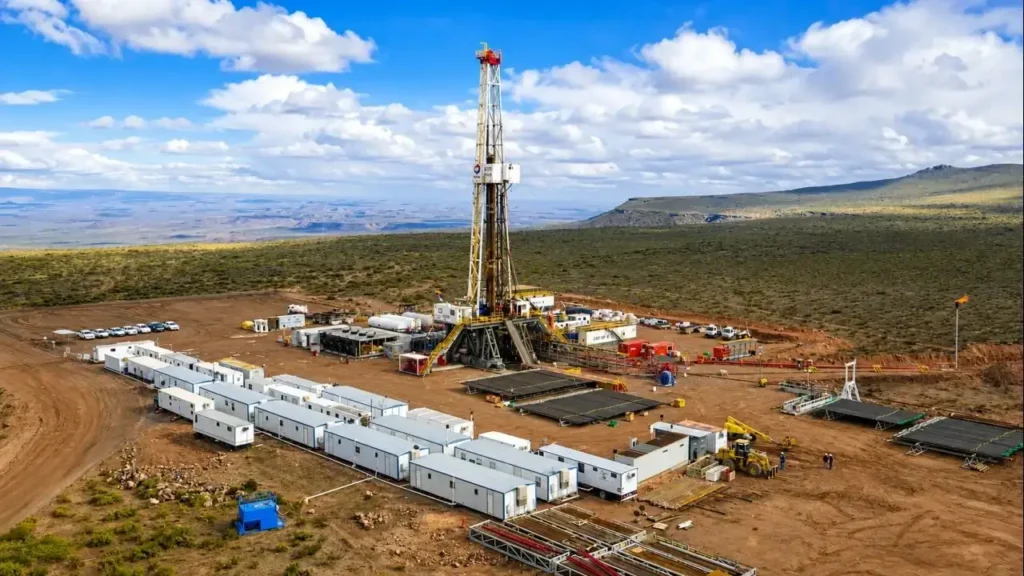 Plataforma de perforación en un yacimiento de Vaca Muerta, equipada con módulos habitacionales, equipos de apoyo e infraestructura para la extracción de petróleo y gas no convencional. El desarrollo de estos pozos es uno de los principales motores de la producción energética y de las exportaciones argentinas.