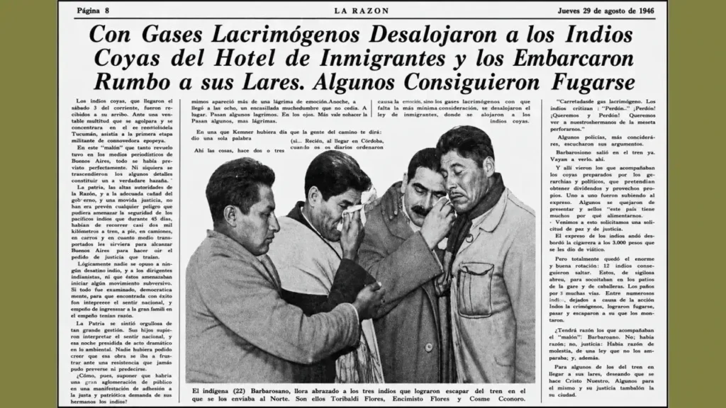 Pero luego de unos días de permaneceer en el Hotel de los Inmigrantes fueron desalojados con gases y obligados a partir a sus tierras nuevamente