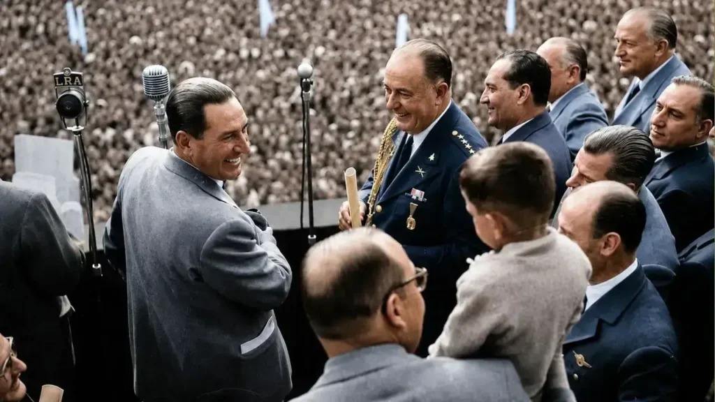 La misma foto coloreada para que la disfrutes mejor. Perón frente a una manifestación de trabajadores.