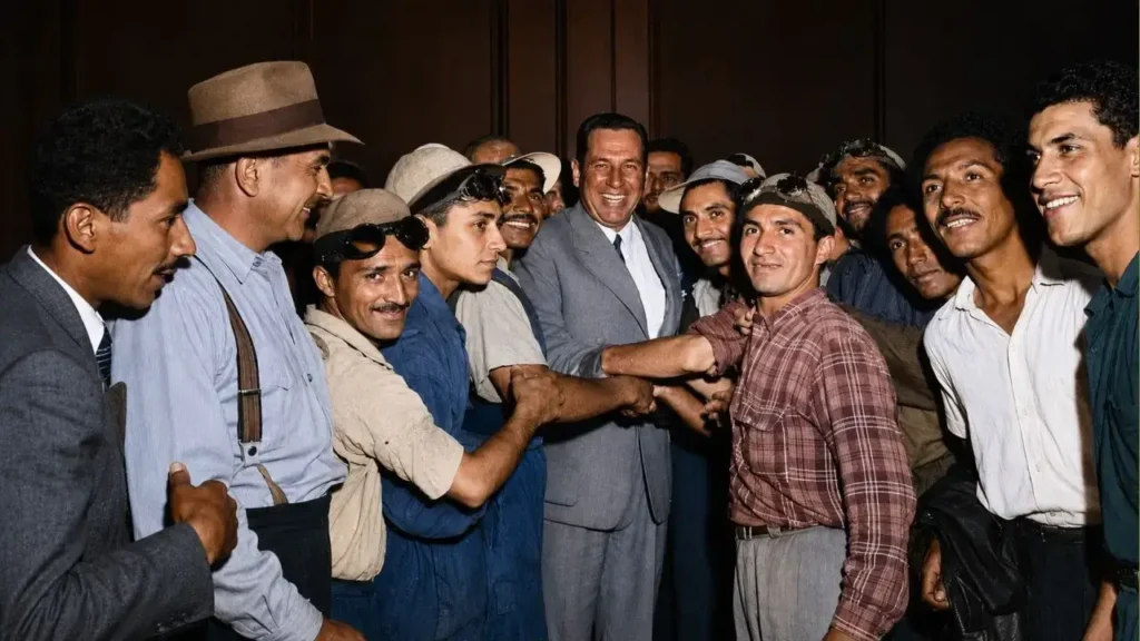 La misma foto de Perón entre trabajadores en color tratada con IA por FX 5G para que la aprecies mejor