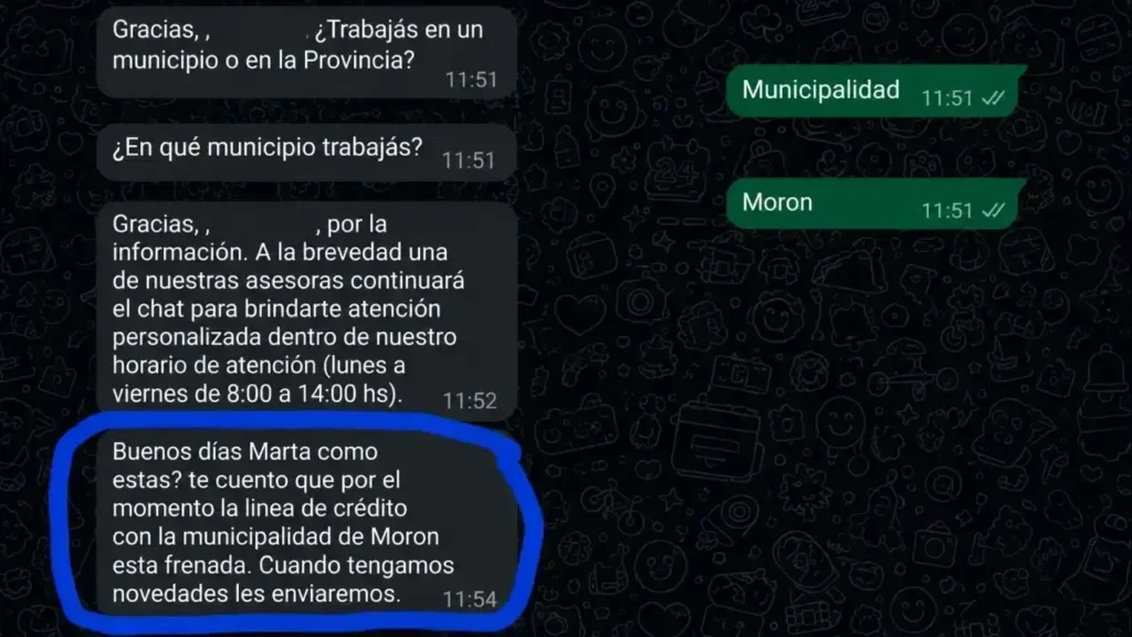 Una captura de pantalla que nos acercaron en la que una mujer solicita un crédito y se lo deniegan