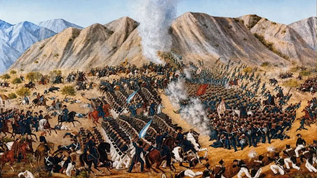 Una escena recreada de la Batalla de Chacabuco que ganaron las tropas del General San Martín.