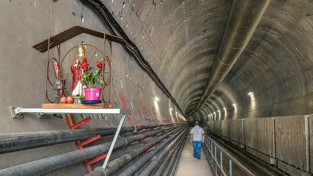 Mi último día dentro del túnel. Y el último día de la obra. Los trabajadores dejaron una virgencita que ya no está.