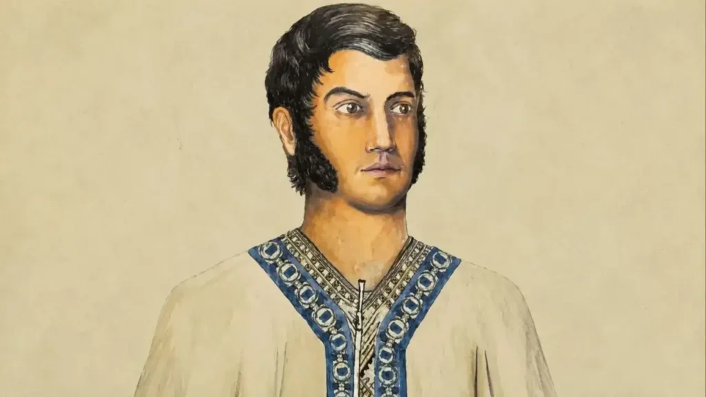 Un retrato de joven vestidos con ropas de los pueblos originarios. Se decía que corría sangre india por las venas de San Martín en la Ciudad de Buenos Aires y esa era una forma de desprestigio.