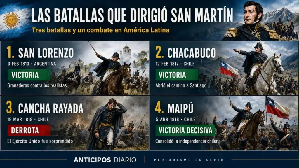 La batallas que dirigió personalmente el General José de Sasn Martín.