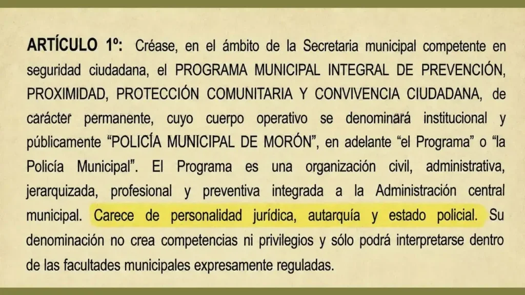 El Decreto dice exactamente que el Programa Policía Municipal carece de personalidad jurídica, autarquía y estado policial.