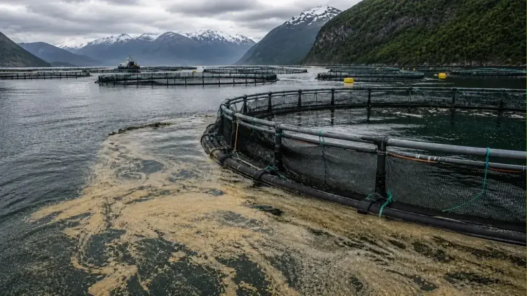 Así se ve un criadero de salmones en el océano a metros de la costa de Noruega donde está poblado.