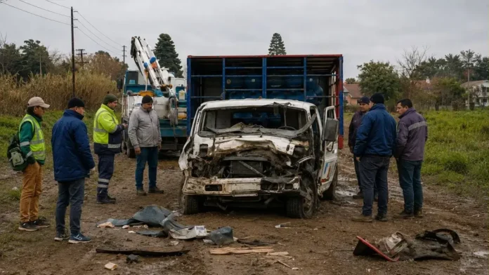 Así quedó el camión Ford F-350 que transportaba agua embasada luego de que lo chocara el colectivo de la 216.