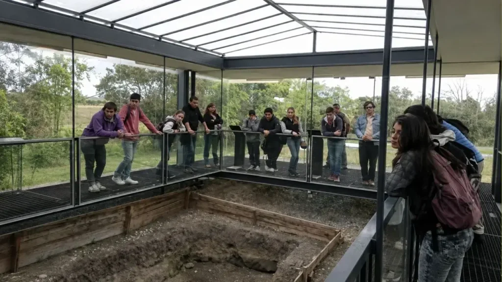 Estudiantes recorren el sector de excavaciones preservado en el Espacio para la Memoria ex Destacamento de Arana, ubicado en las calles 637 y 131 de La Plata. Las investigaciones arqueológicas y judiciales permitieron recuperar evidencias del centro clandestino de detención, tortura y exterminio que funcionó allí entre mayo de 1976 y marzo de 1978, bajo la estructura represiva del Circuito Camps.