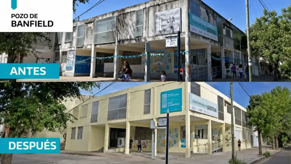 El edificio del ex Pozo de Banfield, en Villa Centenario, antes y después de las obras de recuperación que permitieron convertirlo en un Espacio para la Memoria y Promoción de los Derechos Humanos. El inmueble no se encuentra en la localidad de Banfield, sino en Villa Centenario, partido de Lomas de Zamora. Se lo llamó Pozo de Banfield porque allí funcionaba la denominada Brigada de Investigaciones de Banfield.