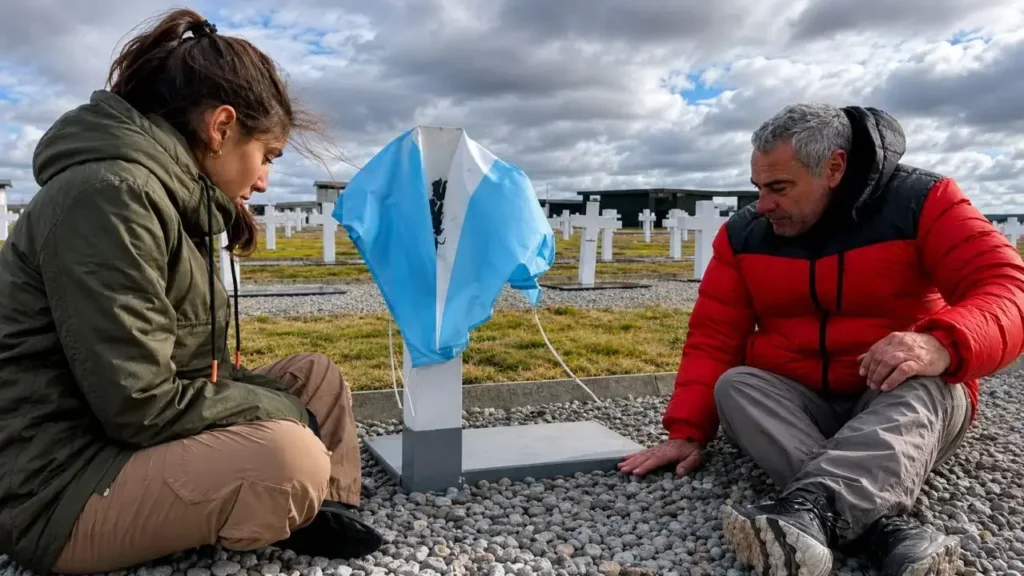 Eduardo Canitrot en el Cementerio de Puerto Madrynd donde descansan sus compañeros de armas. Tristeza infinita.