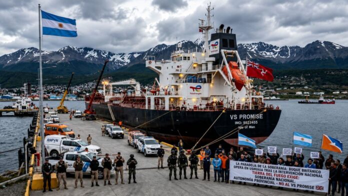 La protesta de ciudadanos argentinos residentes en Ushuhaia por la instalacion del buqque britántico en el puerto intervenido de esa juridicción federal.