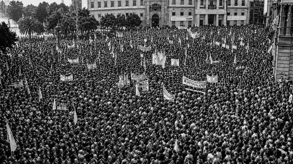 Convocados por la CGT, Plaza de Mayo desde primeras horas de la tarde estuvo llena esperando a Juan Domingo Perón