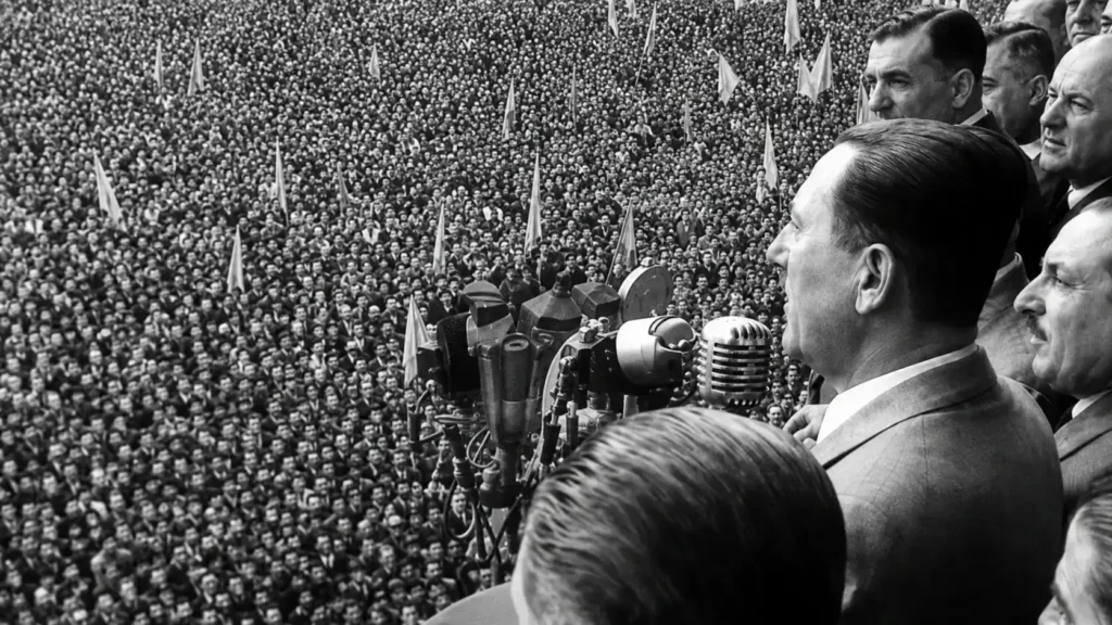 La foto original del acto, curada. Juan Domingo Perón le habla a una multitud en Plaza de Mayo hasta que explotan las bombas.
