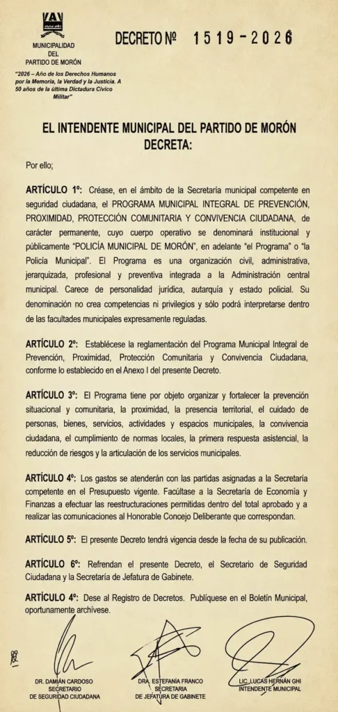 Este es el famoso Decreto que no crea una Policía Municipal.