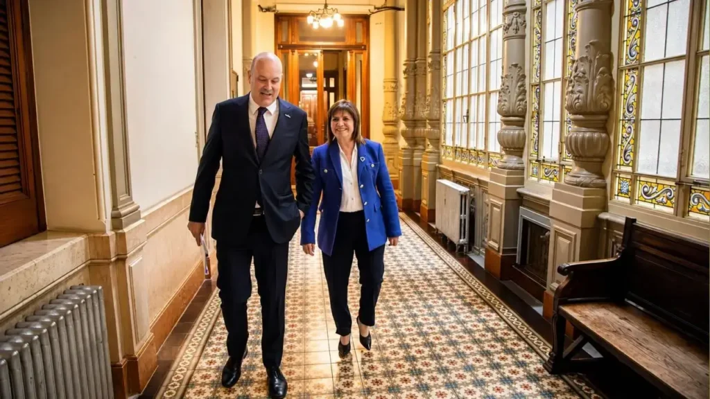 Federico Sturzenegger y Patricia Bullrich en los pasillos del Senado de la Nación buscando consenso.
