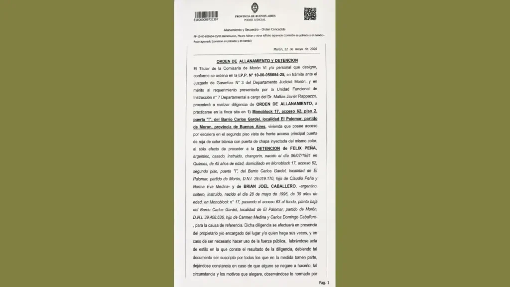 La primera hoja en el que figura el pedido de capura de Félix Peña.