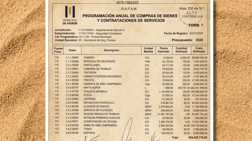 Exracto del proyecto del Presupuesto Municipal 2026 donde se hace mensión a los gastos para el Programa Policía Municipal