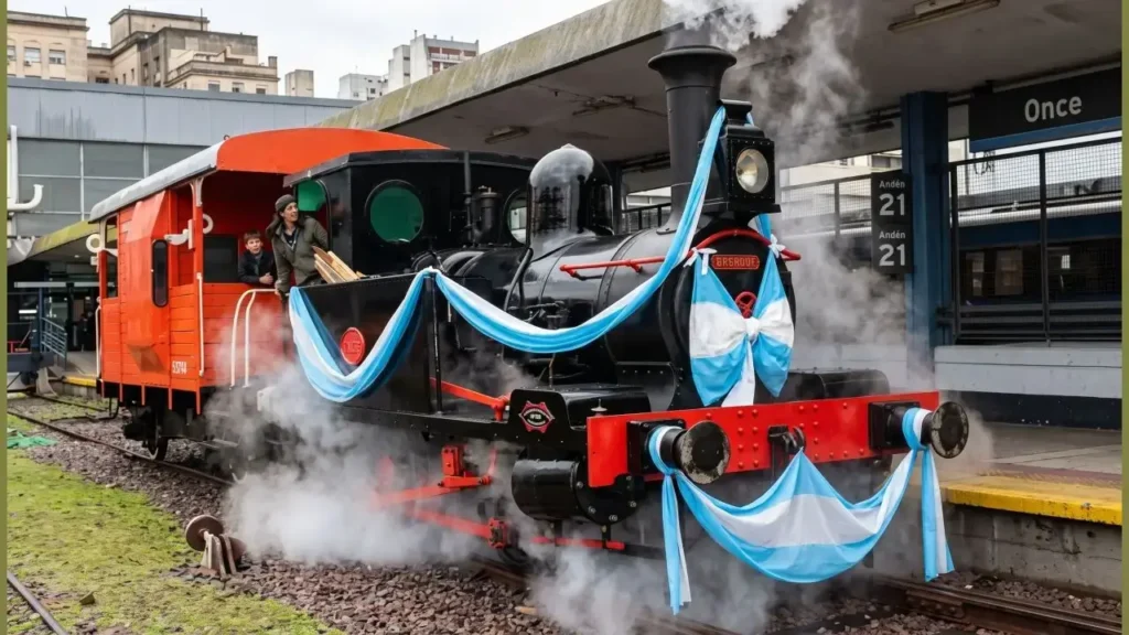 La locomotora Robert Stephenson N.° 2037 a pleno, vestida de lujo en otra ocasión en la Estación Once.