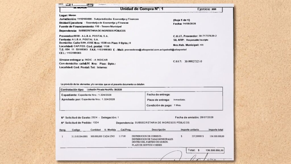 La Orden de Compra por la que la empesa porteña se llevará 400 millones por año de los contribuyentes de Morón.